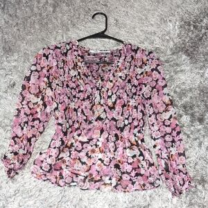 Zara Pink and Black Ruched 3/4 Sleeve Blouse